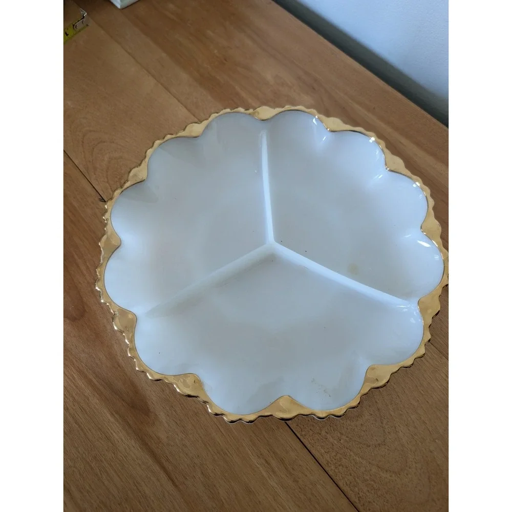 Vintage Fire King Milk Glass Divided Dish Plate‎ Gold Trim Anchor Hocking 10 in